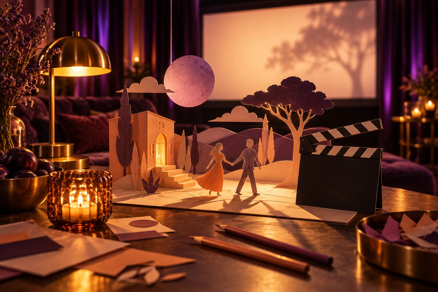 Papierowa scenografia z księżycem, dwiema postaciami i filmowym klapsem.