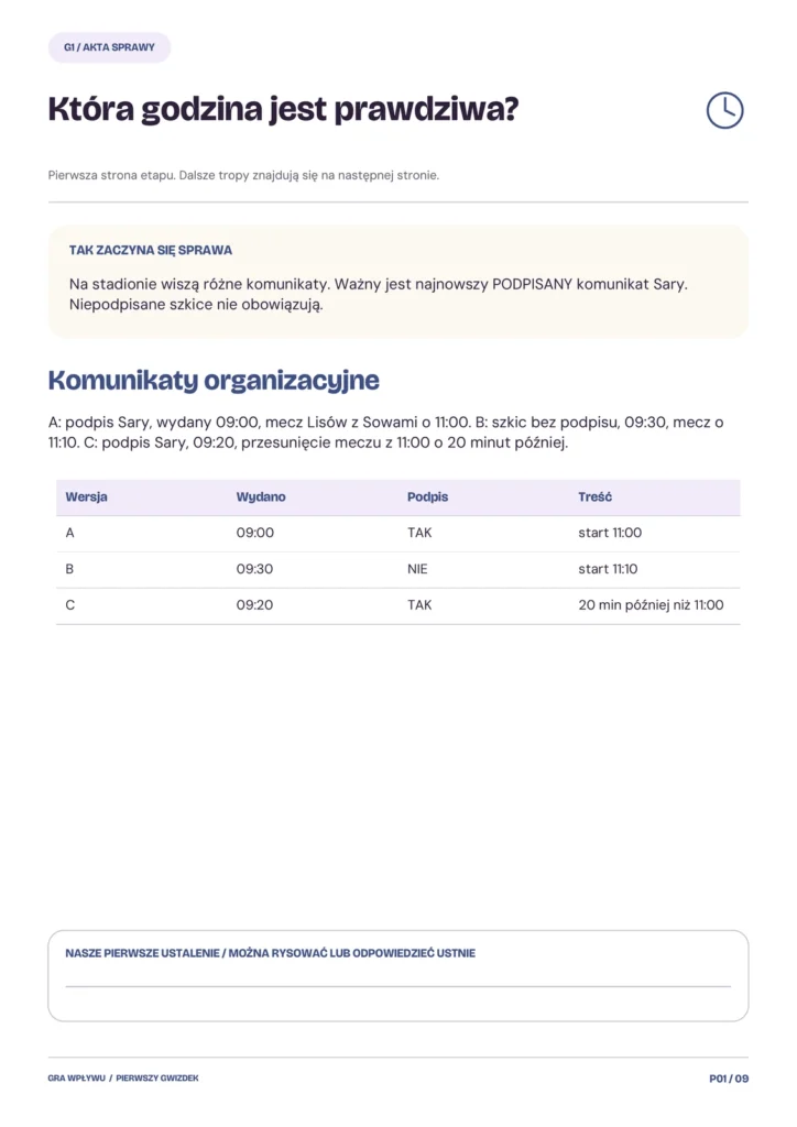 Sprawa przed Pierwszym Gwizdkiem — Akta turnieju, rzeczywista strona 1 materiałów do druku