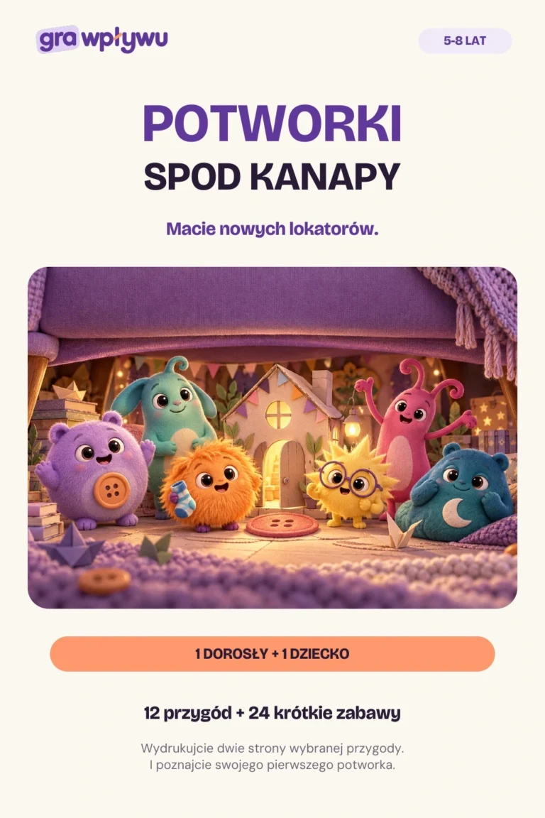 Potworki spod kanapy — okładka pakietu zabaw dla rodzica i dziecka 5–8 lat