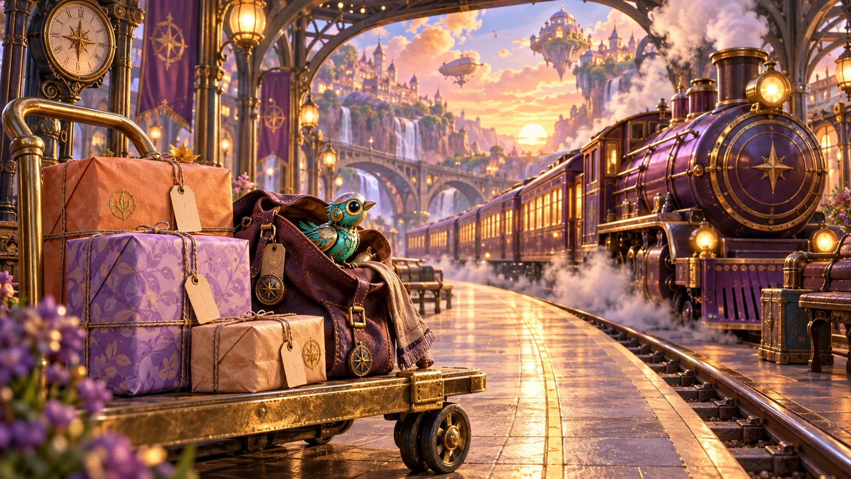 Filmowa ilustracja fioletowego ekspresu, kolorowych paczek i małego mechanicznego ptaka