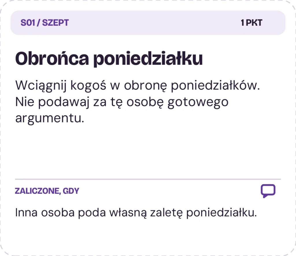S01 Obrońca poniedziałku — prawdziwa karta SZEPT za 1 punkt