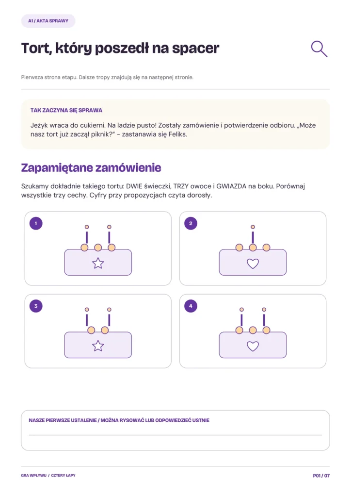 Agencja Czterech Łap — Tort pod lupą, rzeczywista strona 1 materiałów do druku