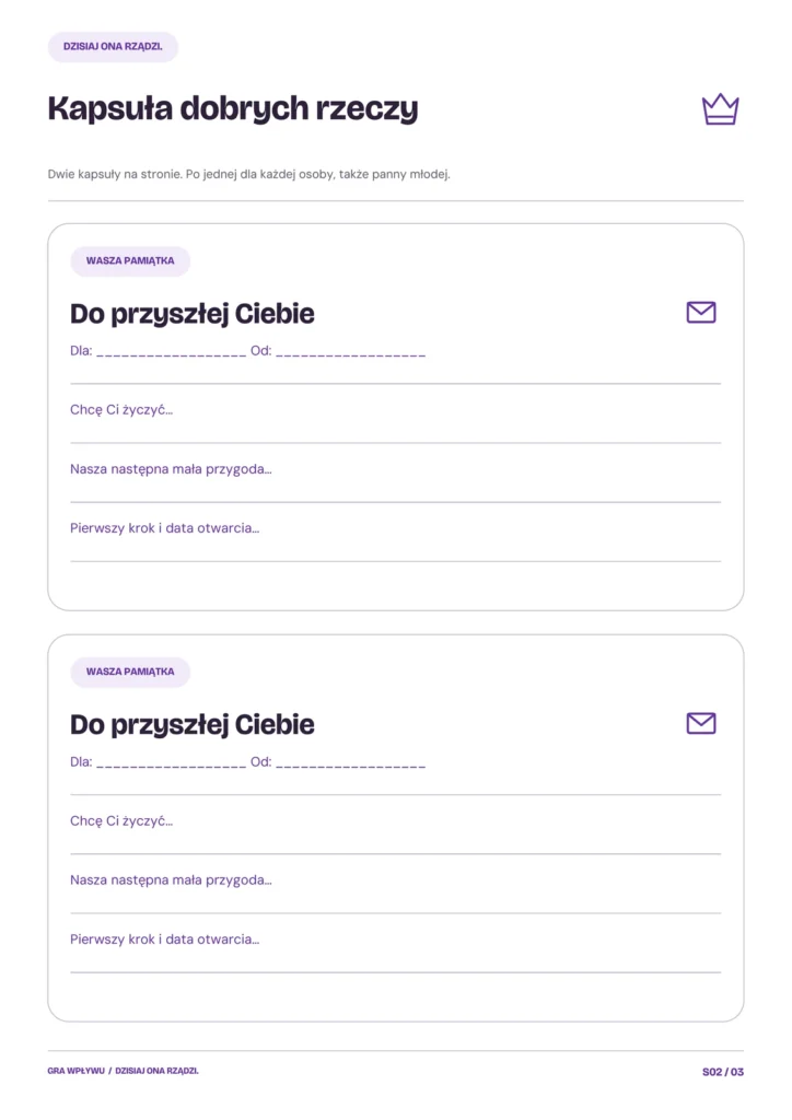 Dzisiaj ona rządzi — kapsuła dobrych rzeczy. Osobiste życzenia i pomysł na wspólną przygodę. To pamiątka, która zostaje po wieczorze.
