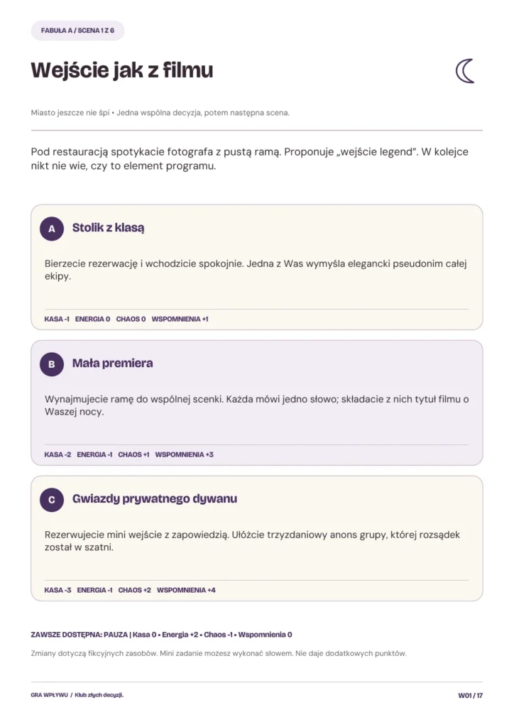 Klub złych decyzji. Pierwsza decyzja. Trzy opcje tej samej sceny. Każda ma własny koszt, efekt i krótkie polecenie.