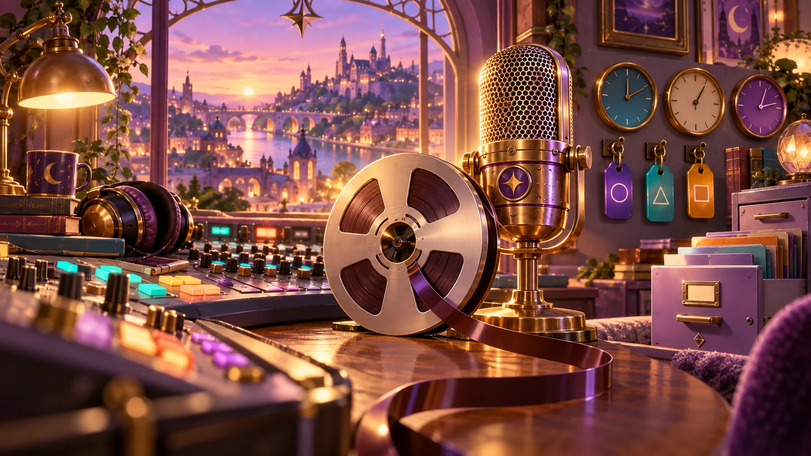 Filmowa ilustracja radiowego studia z taśmą, mikrofonem i rozświetlonym archiwum