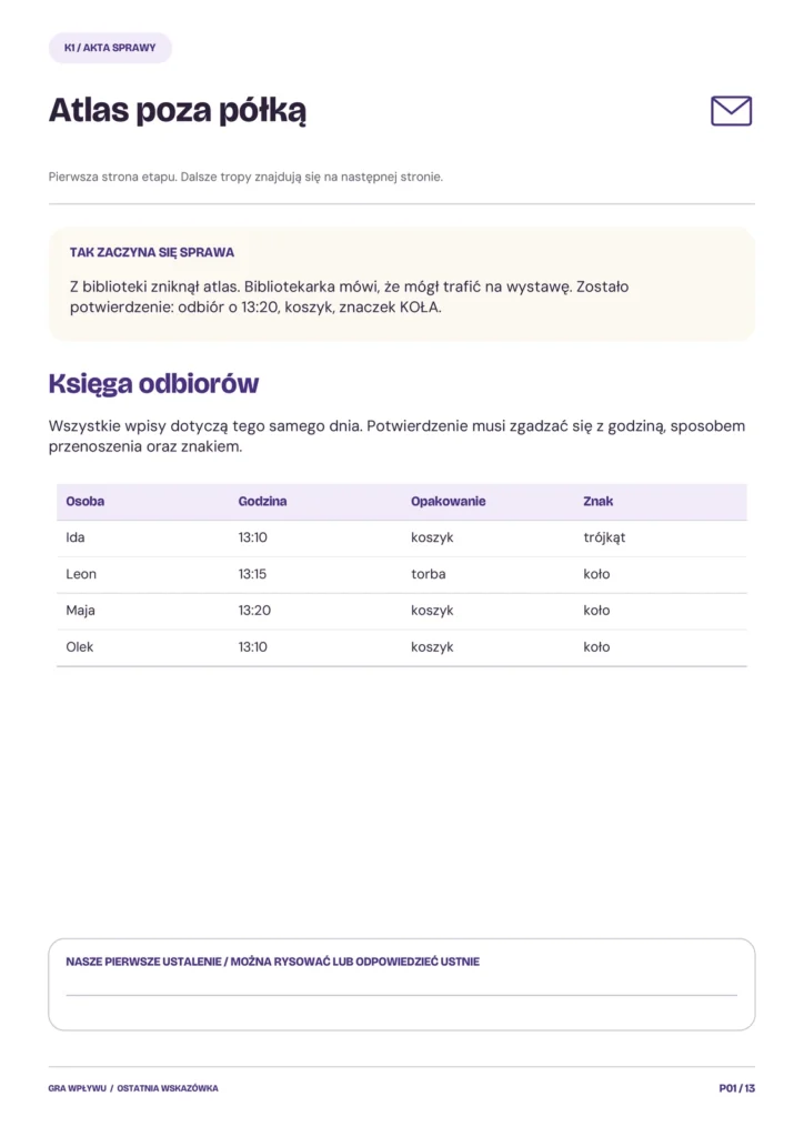 Klub Ostatniej Wskazówki — Pierwsza sprawa klubu, rzeczywista strona 1 materiałów do druku