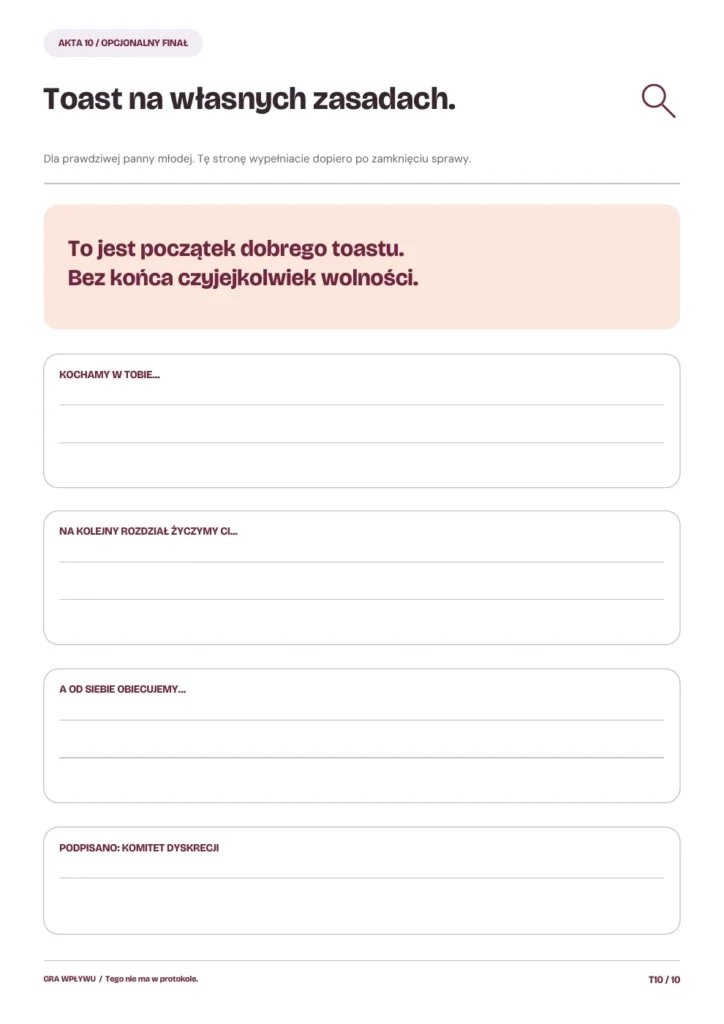 Tego nie ma w protokole. Toast na Waszych zasadach. Opcjonalny finał dla prawdziwej panny młodej. Wypełniacie go po zamknięciu sprawy.