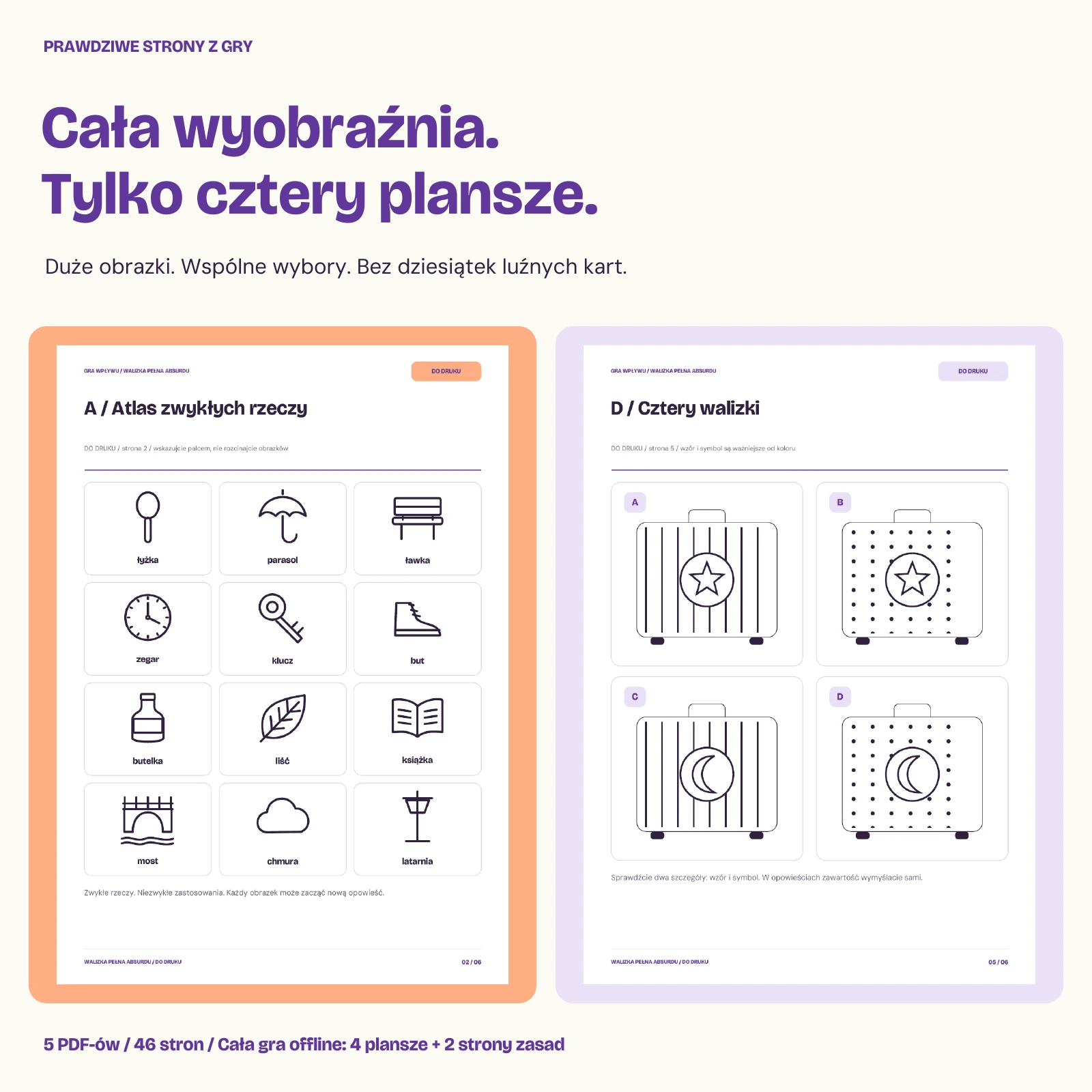 Prawdziwe materiały gry: atlas zwykłych rzeczy i cztery walizki z paskami, kropkami, gwiazdą i księżycem