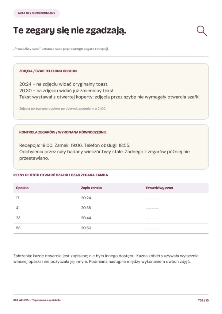 Tego nie ma w protokole. Zegary i rejestr. Rzeczywista strona dowodów. Porównujecie godziny, by ustalić moment podmiany.