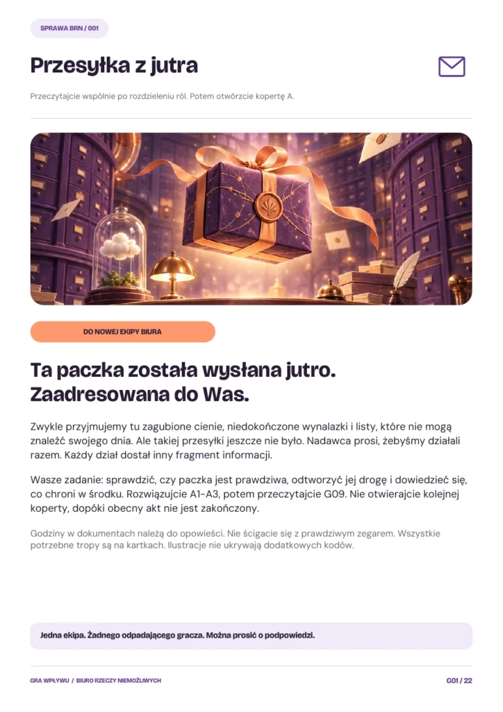 List otwierający główną grę Biuro Rzeczy Niemożliwych — podgląd strony G01