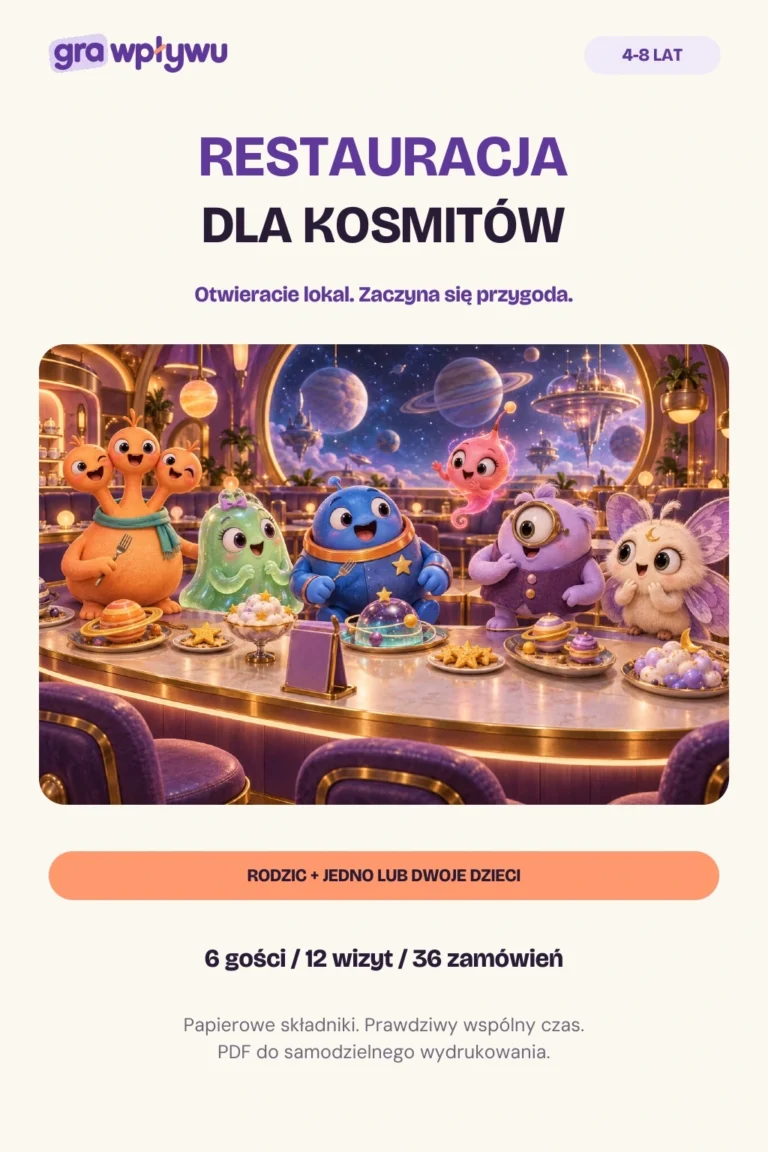 Restauracja dla kosmitów — okładka gry PDF dla rodzica z jednym lub dwojgiem dzieci 4–8 lat