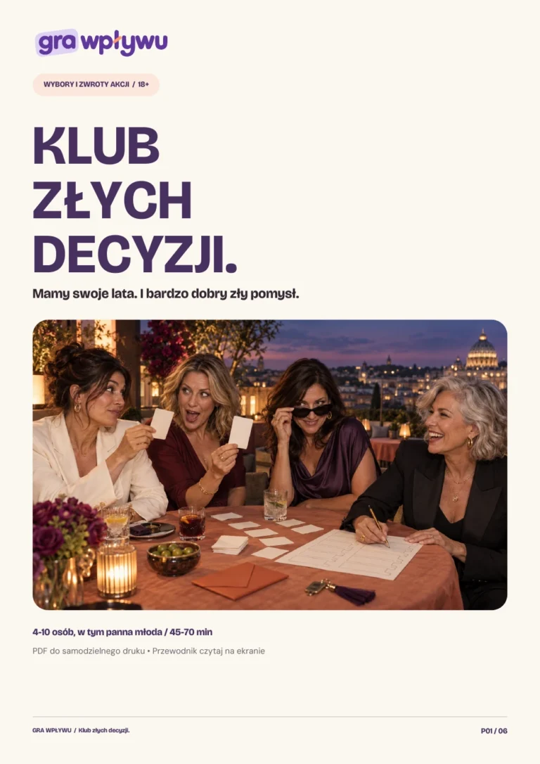 Klub złych decyzji. Okładka przewodnika do gry PDF.