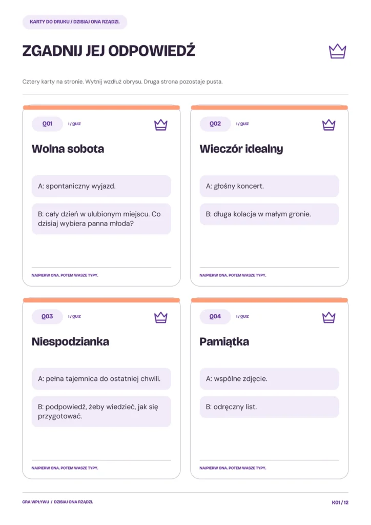 Dzisiaj ona rządzi — pytania a/b. Cztery prawdziwe karty z pierwszej talii. Tak wygląda quiz o dzisiejszych wyborach panny młodej.