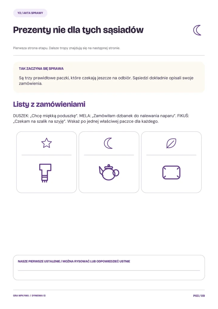 Dyniowa 13 — Czyja to paczka?, rzeczywista strona 3 materiałów do druku