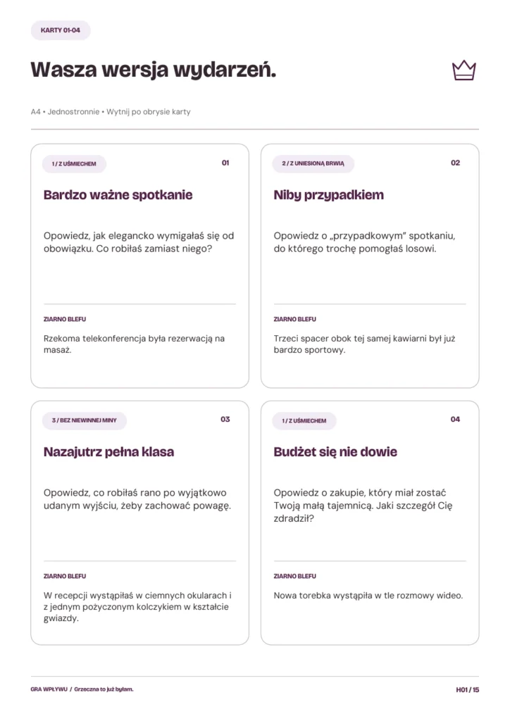 Grzeczna to już byłam. Historie i ziarna blefu. Cztery z 48 tematów. Każda karta zawiera punkt wyjścia do opowieści i pomysł na blef.